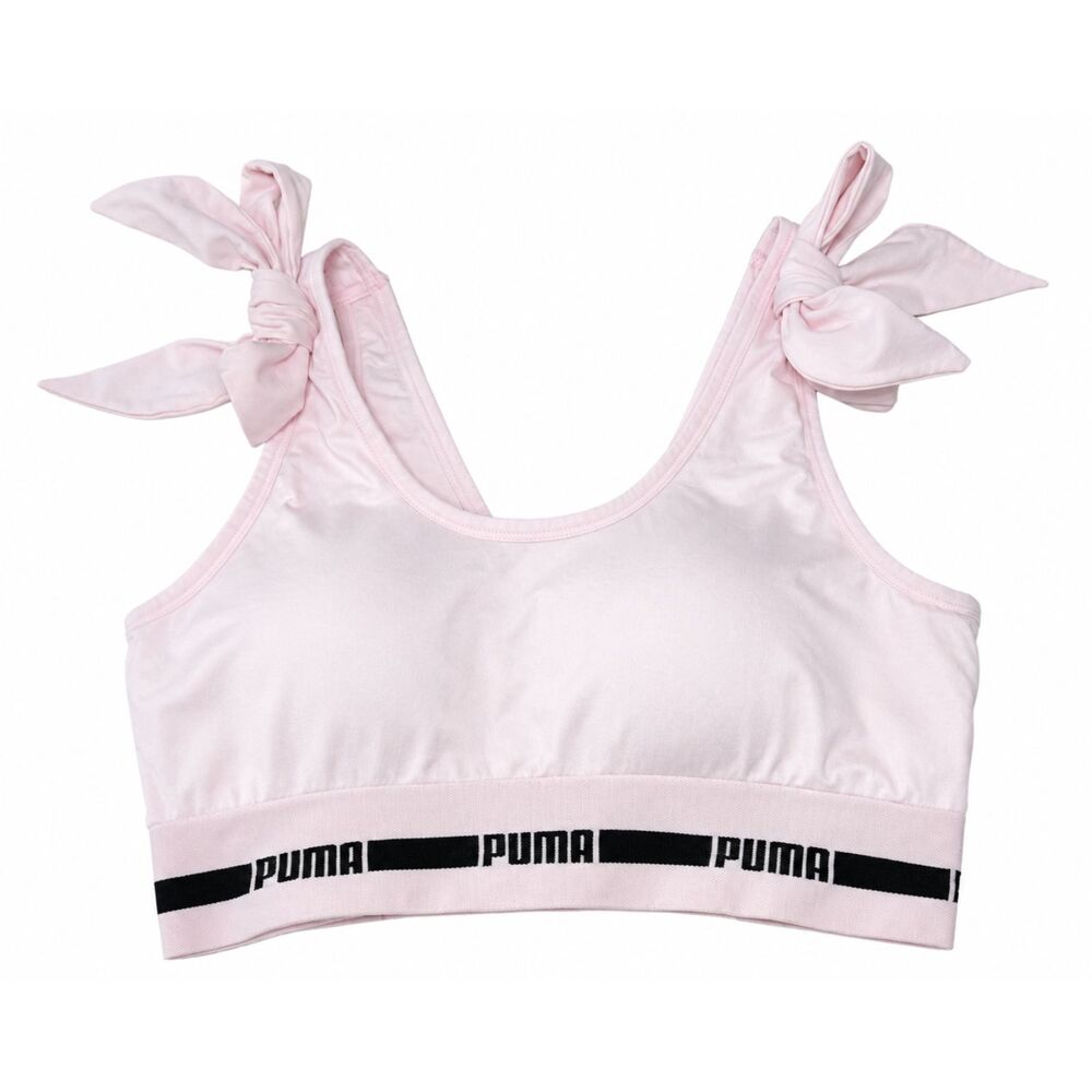 Puma Seamless Sports Bra Light Pink Tie Shoulder Bows Logo Band Sz S M No Tag